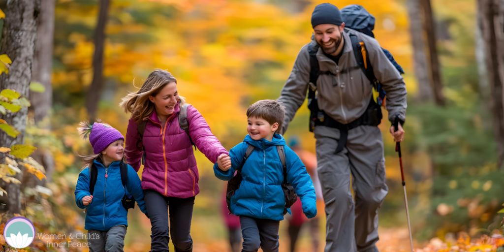 A family hiking in the woods